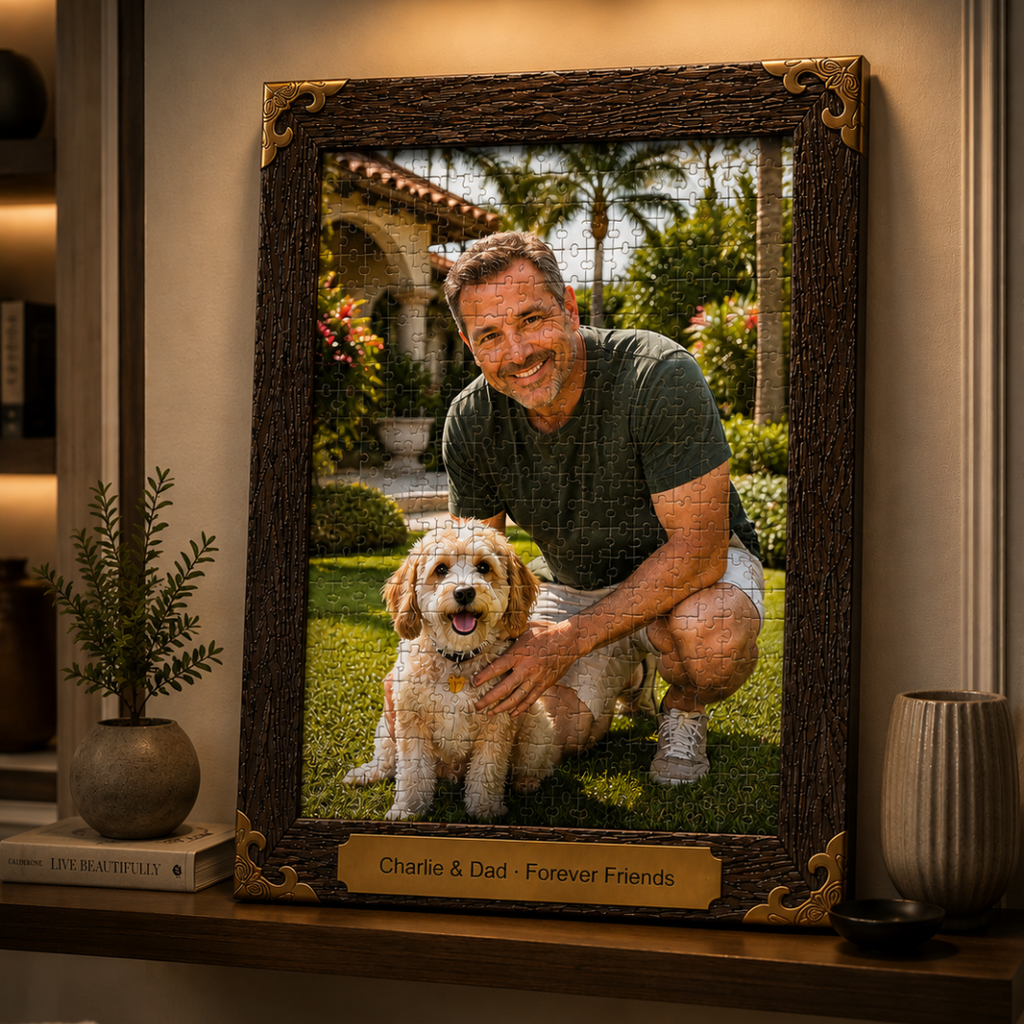 Personalized framed photo puzzle featuring a man and his dog, Charlie, displayed in a handcrafted walnut-style frame with bronze corner details.