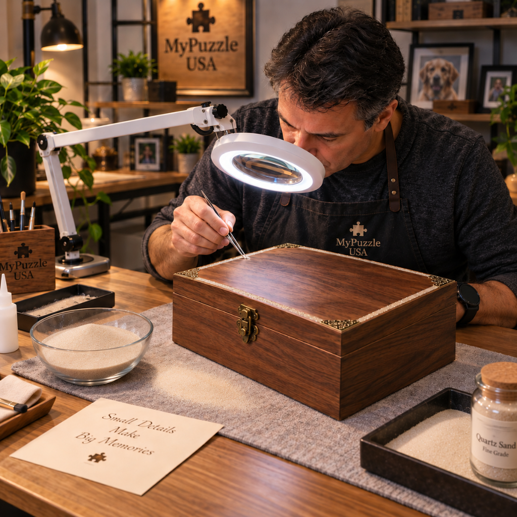 Craftsman hand-finishing a personalized wooden puzzle keepsake box with fine quartz crystal sand detailing in the MyPuzzle USA workshop.