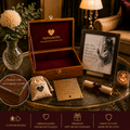 Luxury personalized puzzle keepsake gift set with handcrafted wooden box, framed photo puzzle, engraved plaque, puzzle pouch and keepsake scroll.