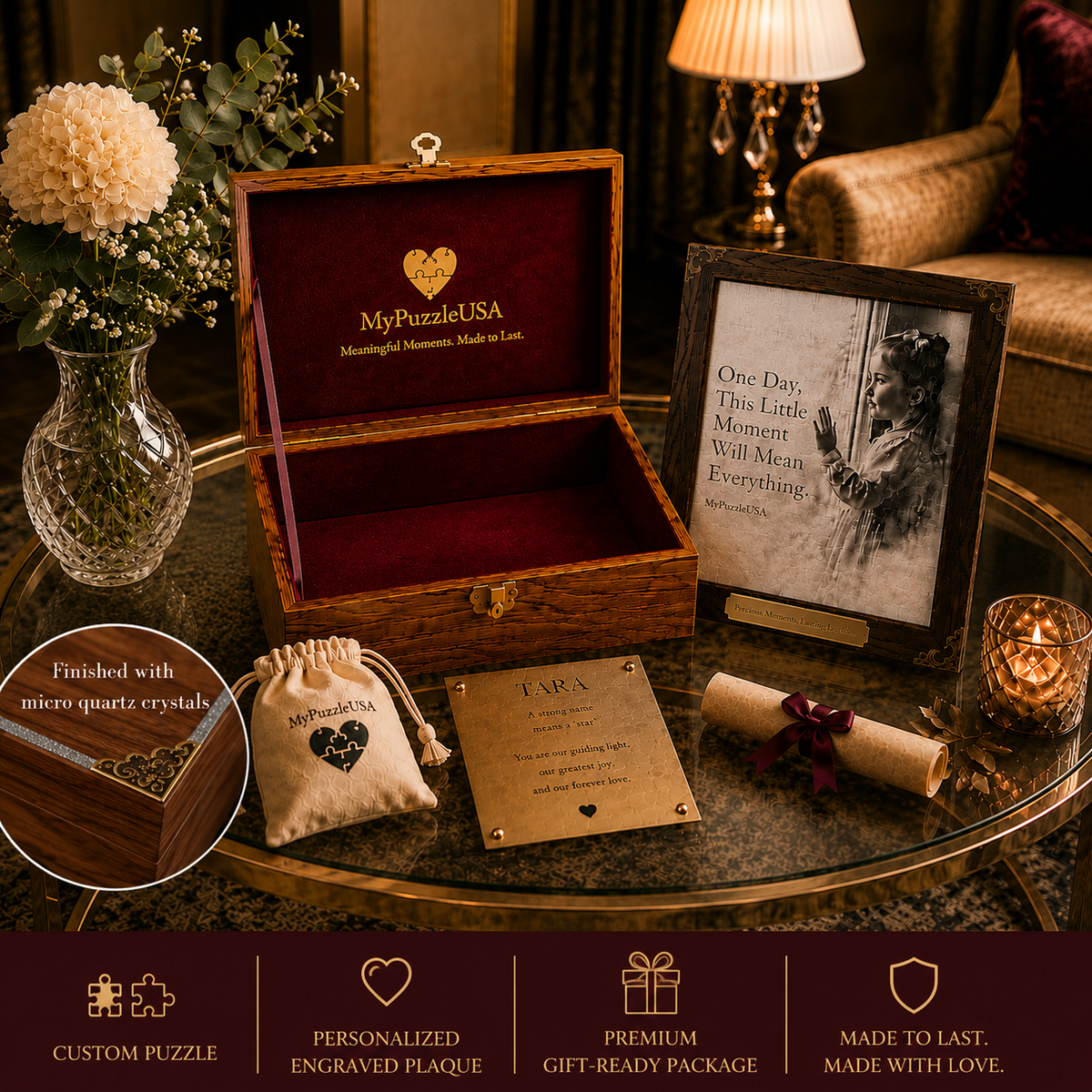 Luxury personalized puzzle keepsake gift set with handcrafted wooden box, framed photo puzzle, engraved plaque, puzzle pouch and keepsake scroll.