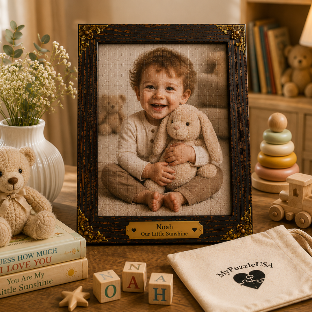 Personalized baby photo puzzle featuring a smiling child with a teddy bear in a handcrafted wooden frame with an engraved nameplate.