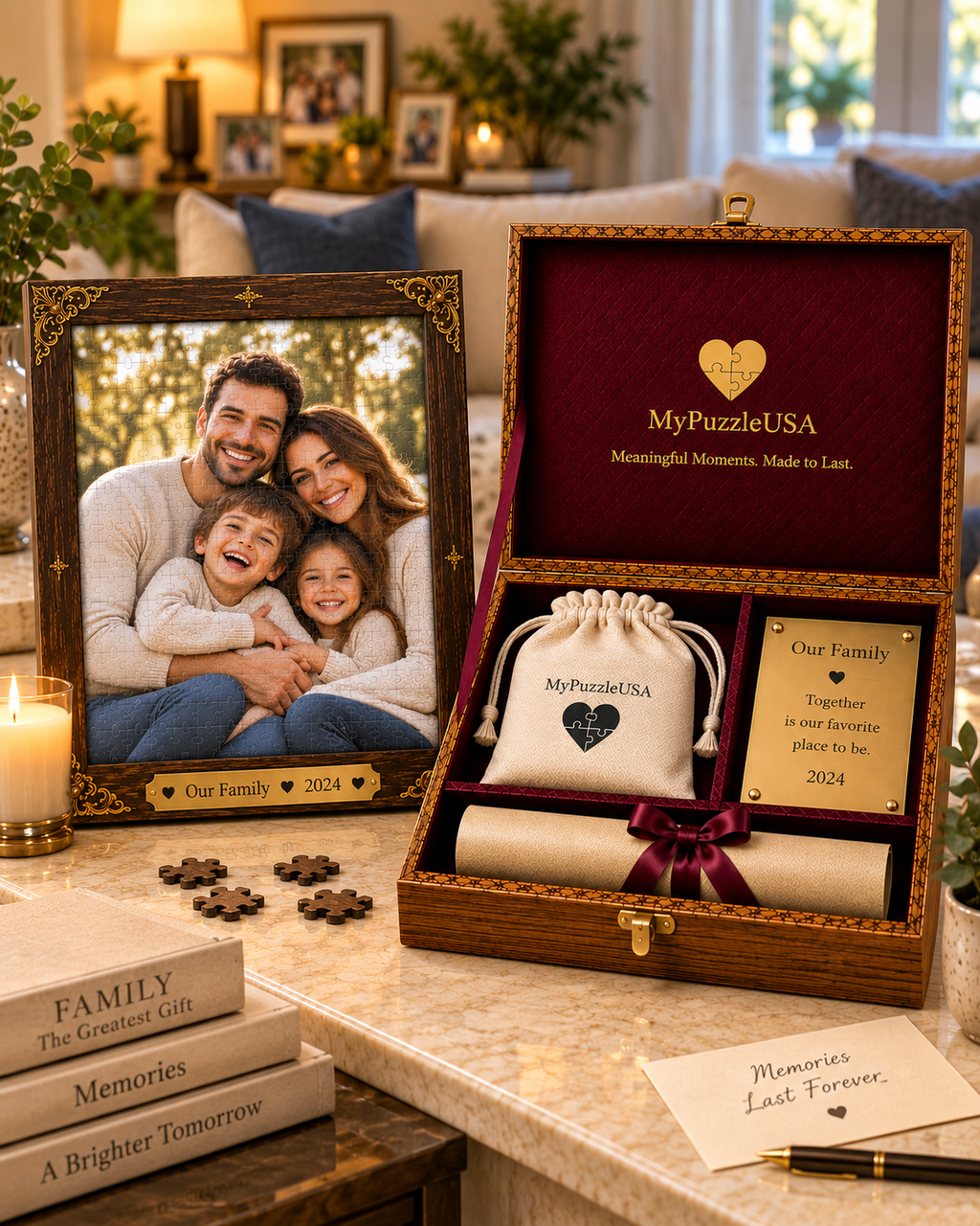 Personalized family keepsake gift set with framed family photo, handcrafted wooden memory box, puzzle pouch, engraved plaque and keepsake scroll.