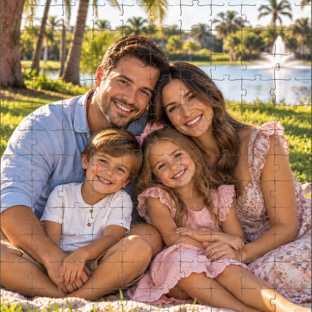 Personalized family photo puzzle featuring parents and two children together by a lakeside.