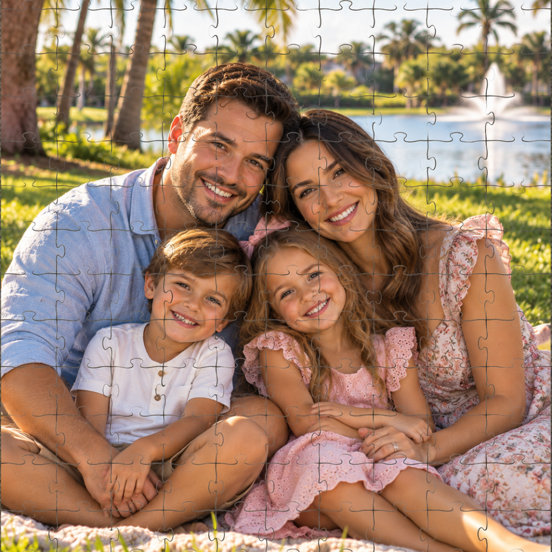Personalized family photo puzzle featuring parents and two children together by a lakeside.