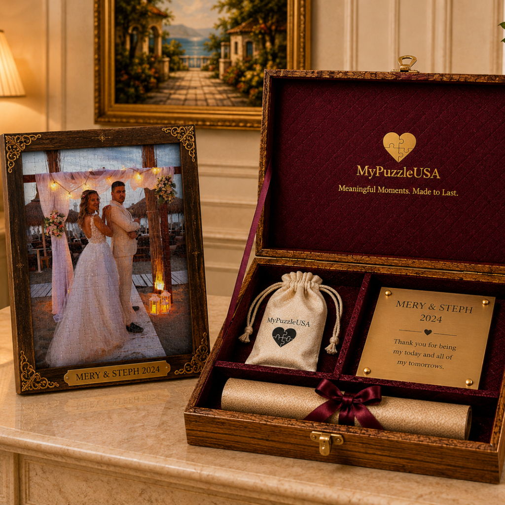 Personalized wedding keepsake gift with framed couple photo, handcrafted wooden memory box, engraved plaque and keepsake scroll.