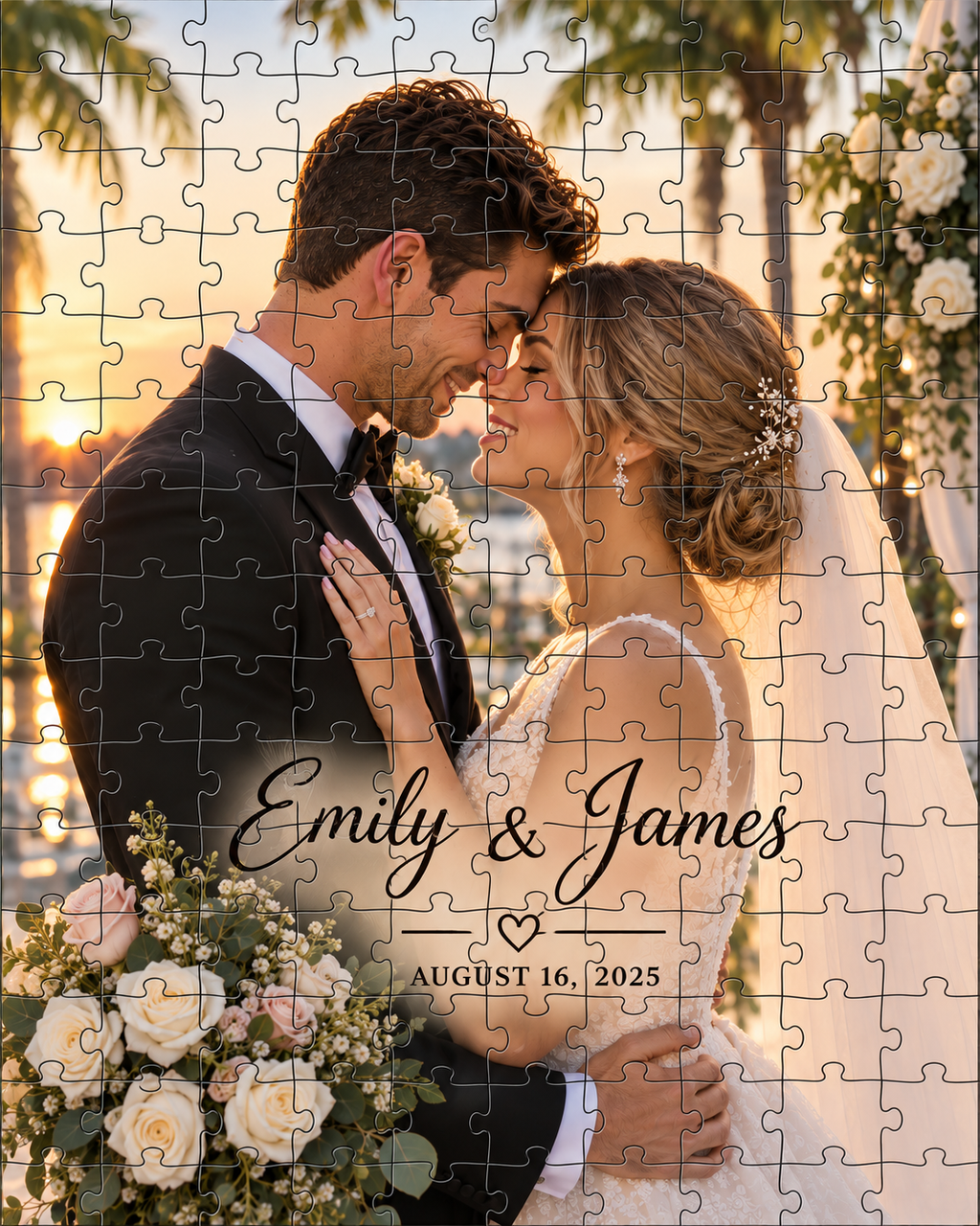 Personalized wedding photo puzzle featuring bride and groom with custom names and wedding date.